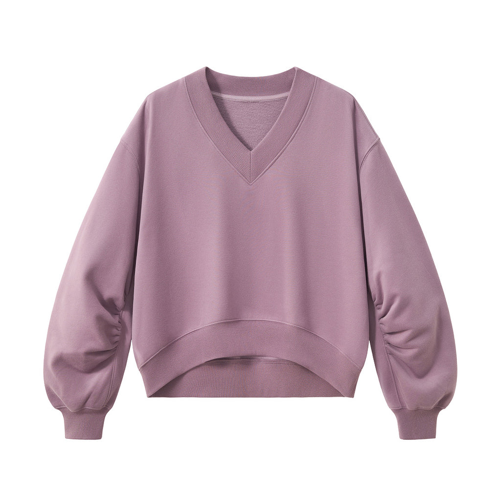 Cropped V Neck Sweatshirt With Ruched Sleeves - Purple - 4
