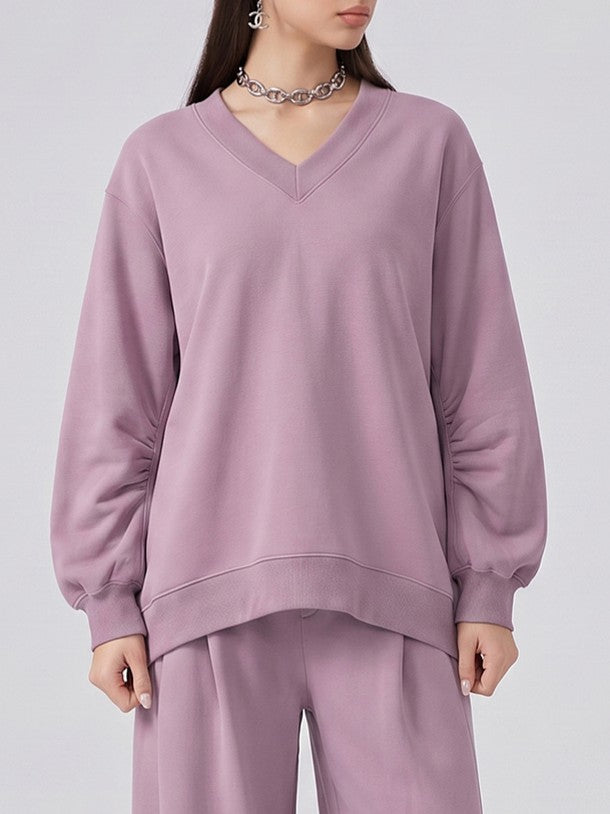 Cropped V Neck Sweatshirt With Ruched Sleeves - Purple - 6