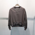 Cropped V Neck Sweatshirt With Ruched Sleeves - Taupe