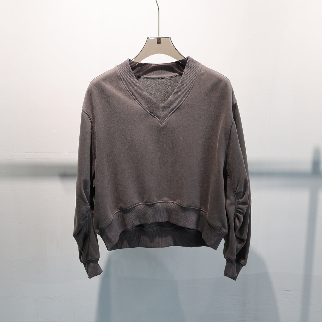 Cropped V Neck Sweatshirt With Ruched Sleeves - Taupe
