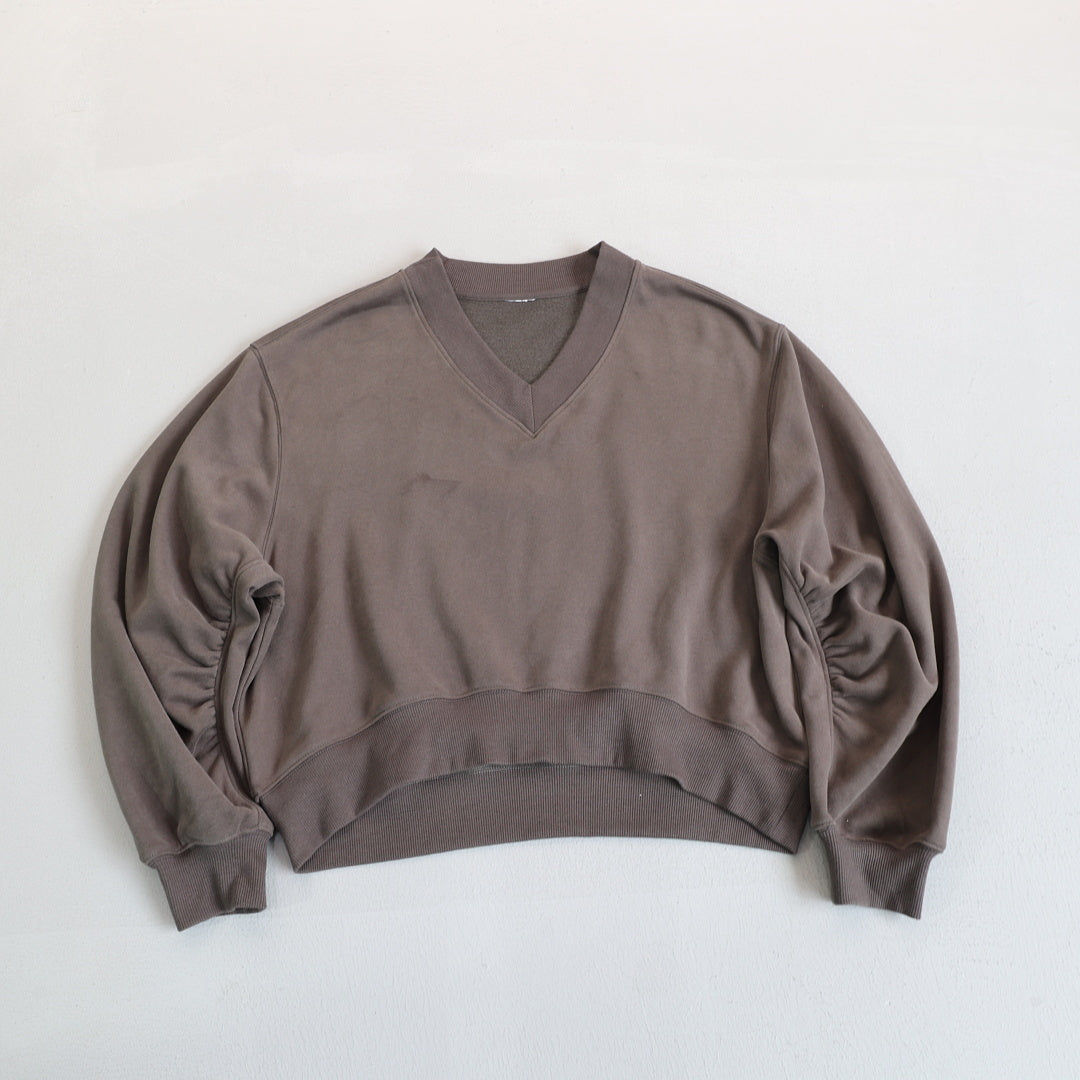 Cropped V Neck Sweatshirt With Ruched Sleeves - Taupe - 2