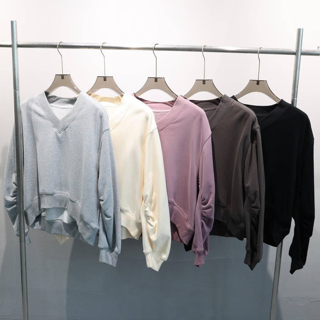 Cropped V Neck Sweatshirt With Ruched Sleeves