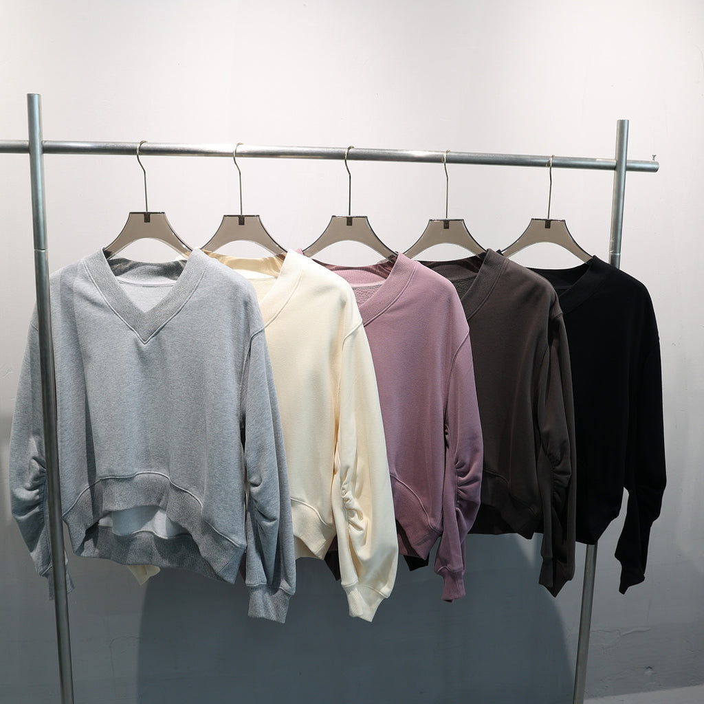 Cropped V Neck Sweatshirt With Ruched Sleeves - view 1