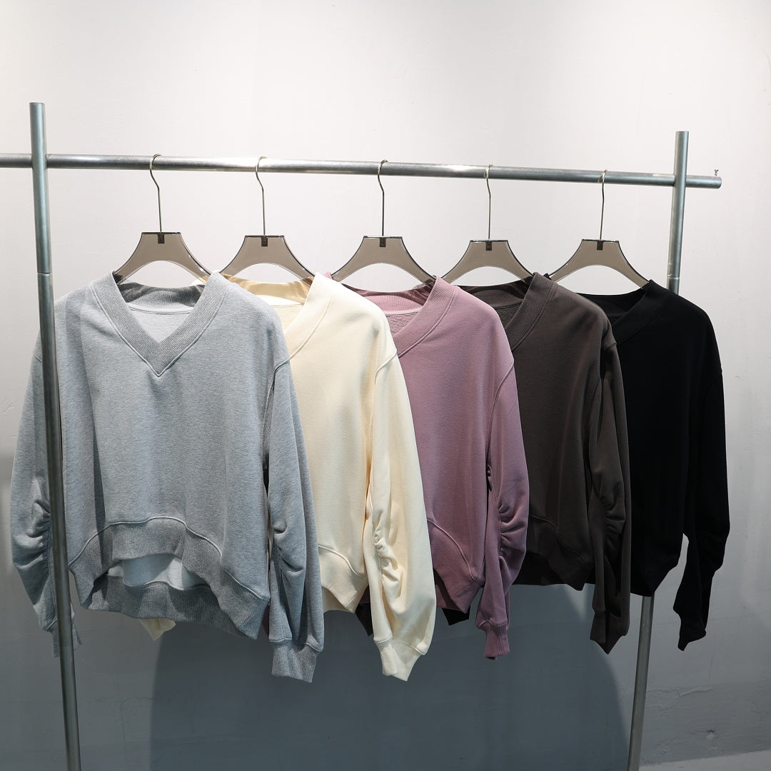 Cropped V Neck Sweatshirt With Ruched Sleeves - view 1