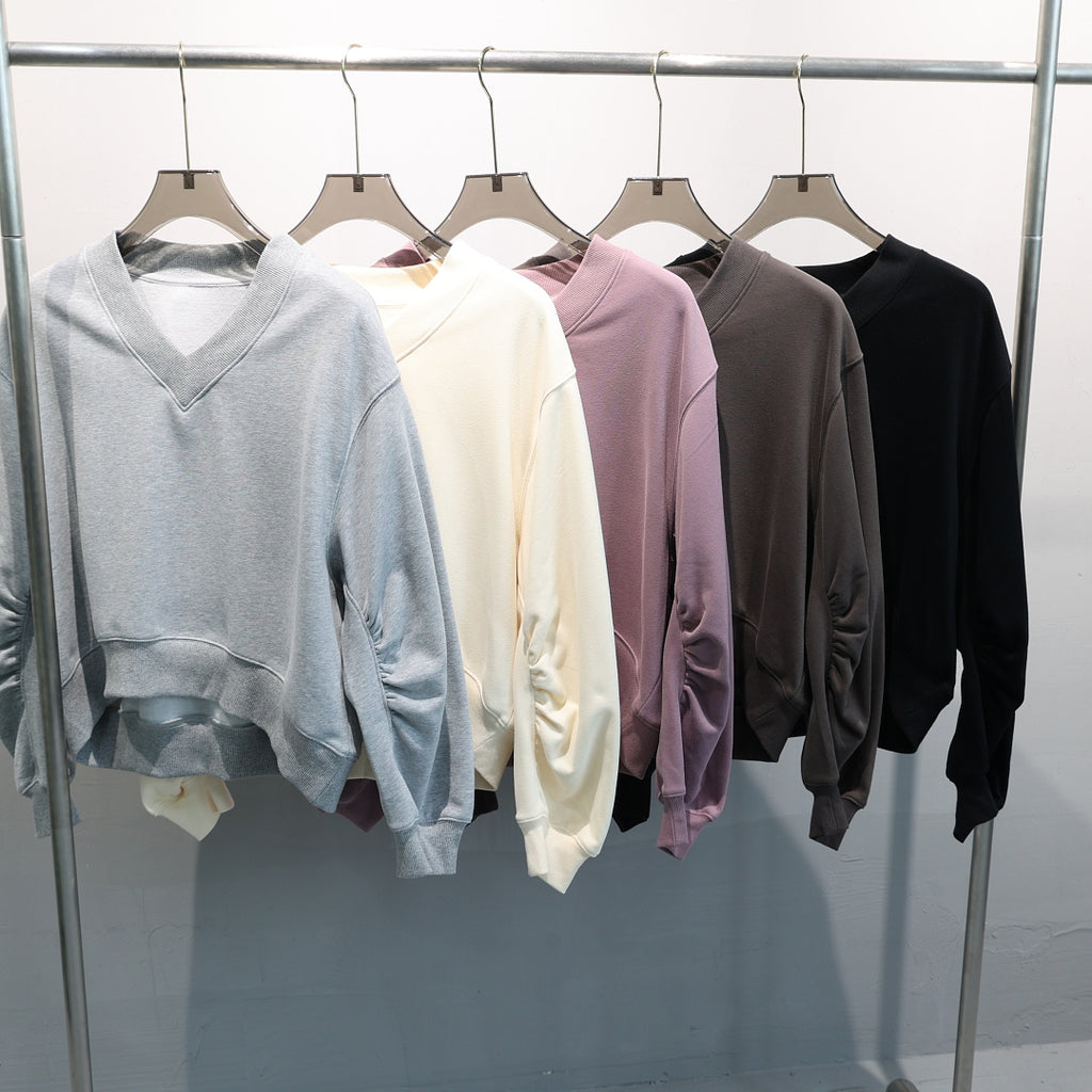 Cropped V Neck Sweatshirt With Ruched Sleeves - view 8