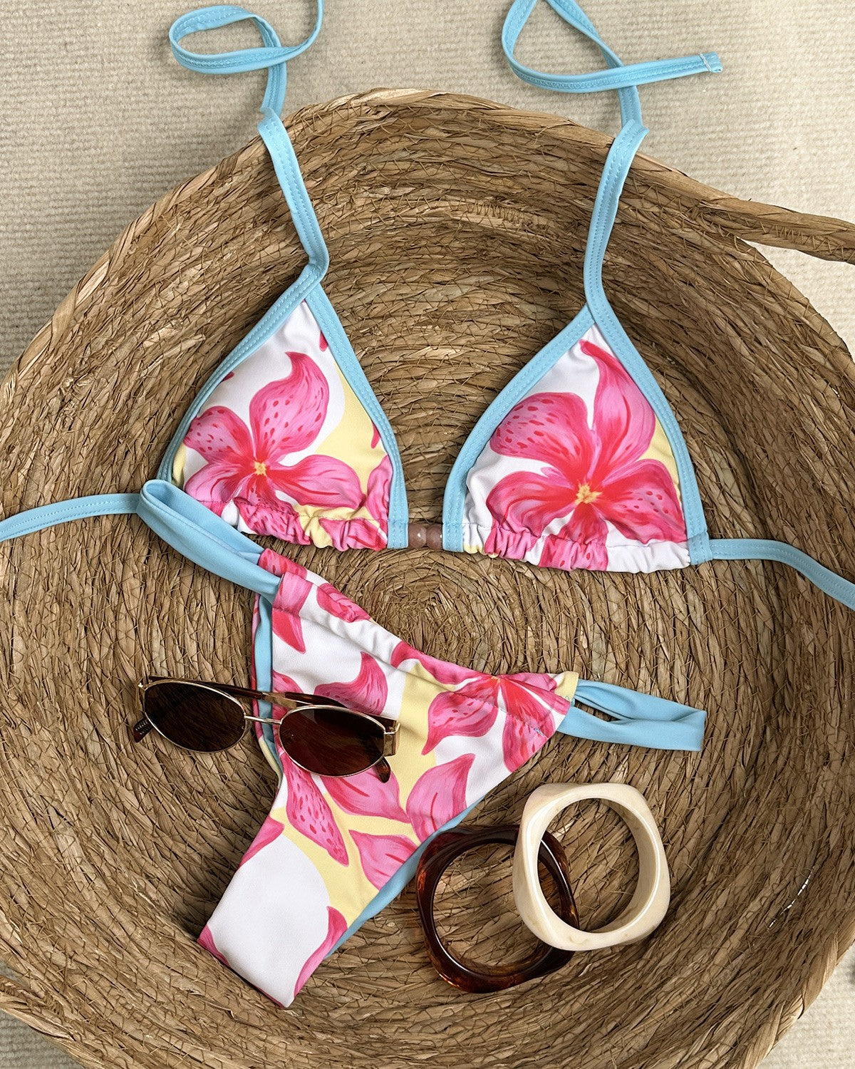 Hibiscus Print Tie Side Triangle Bikini Set - Blue