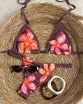 Hibiscus Print Tie Side Triangle Bikini Set - Curry