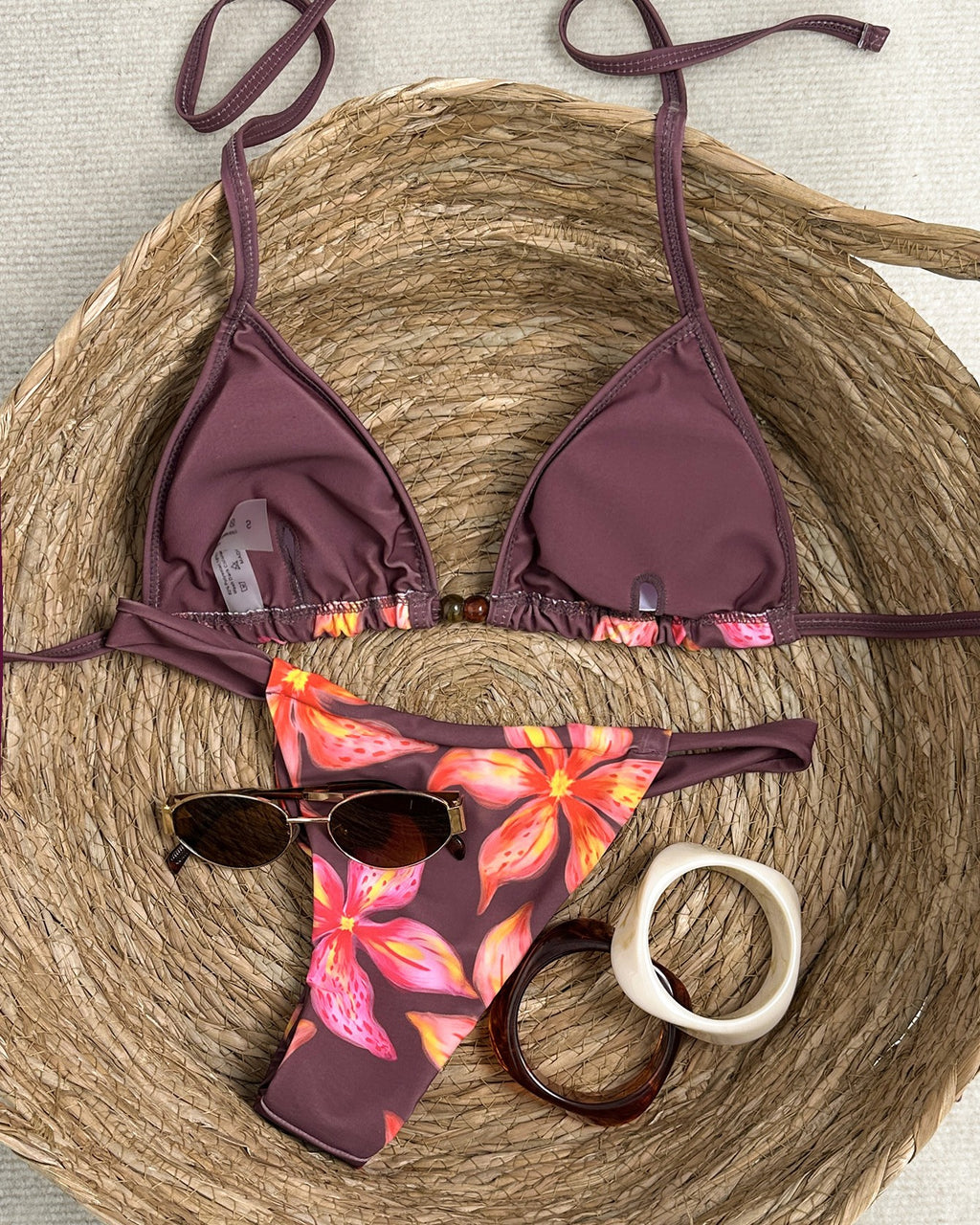 Hibiscus Print Tie Side Triangle Bikini Set - Curry - 1