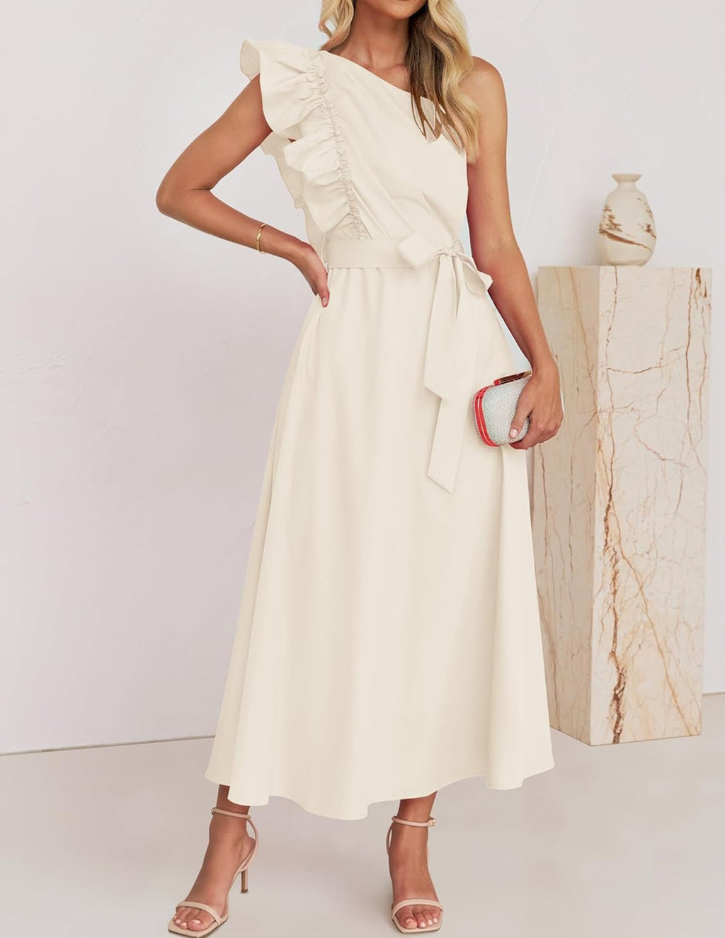 One Shoulder Ruffle Belted Midi Dress - Apricot