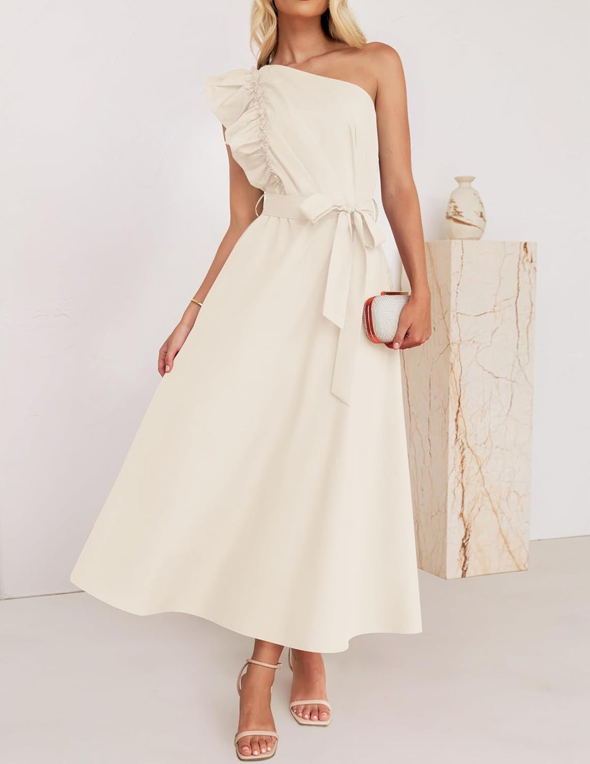 One Shoulder Ruffle Belted Midi Dress - Apricot - 1