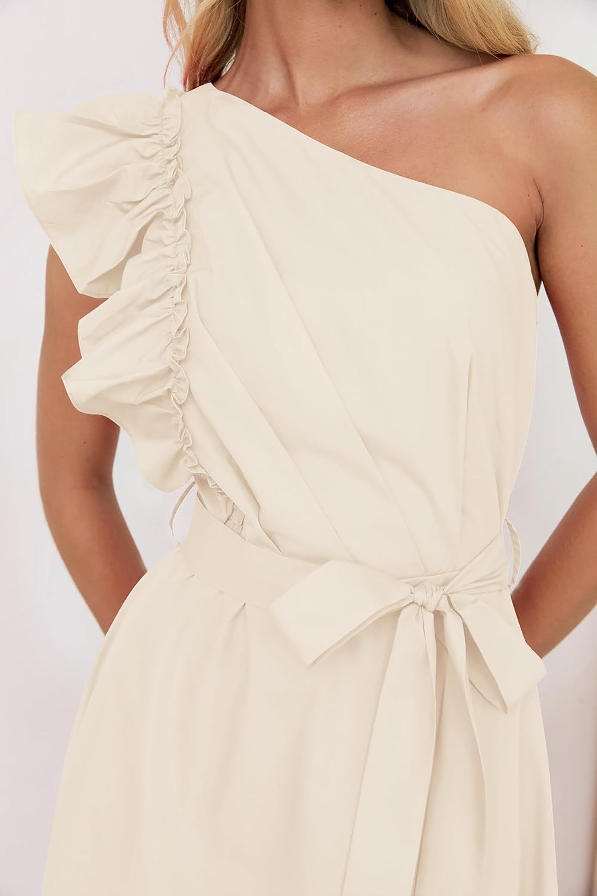 One Shoulder Ruffle Belted Midi Dress - Apricot - 2