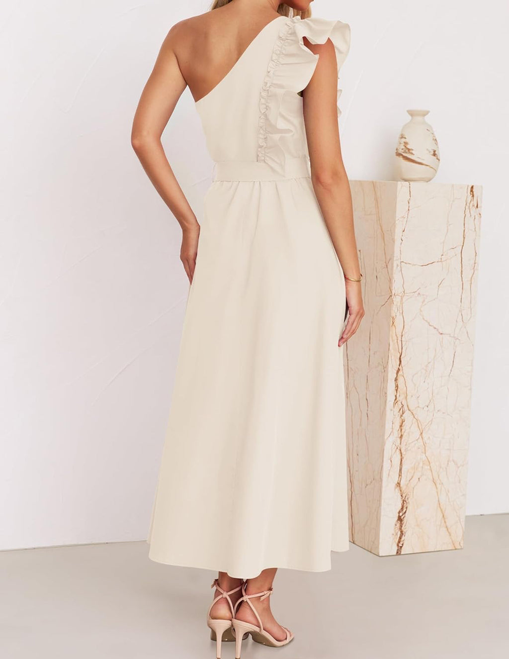 One Shoulder Ruffle Belted Midi Dress - Apricot - 3