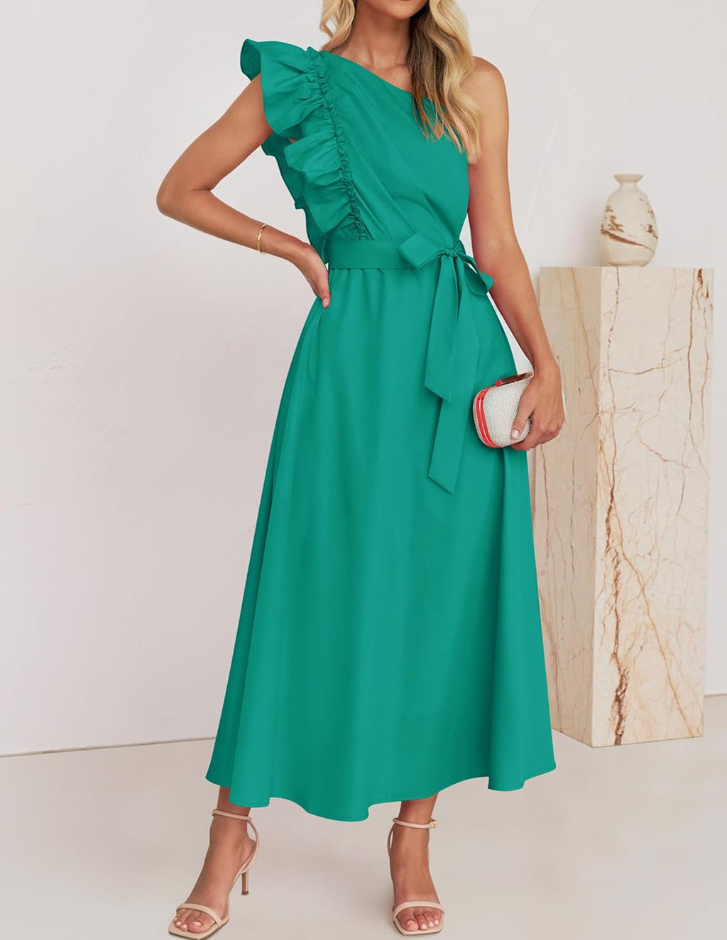 One Shoulder Ruffle Belted Midi Dress - Green