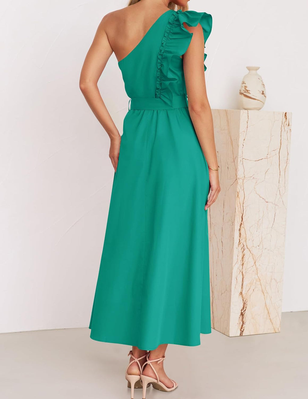 One Shoulder Ruffle Belted Midi Dress - Green - 1