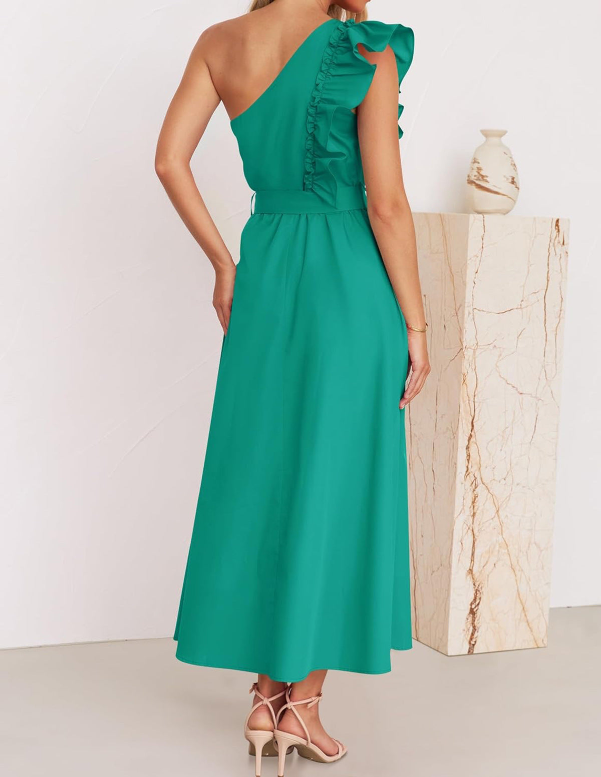 One Shoulder Ruffle Belted Midi Dress - Green - 1
