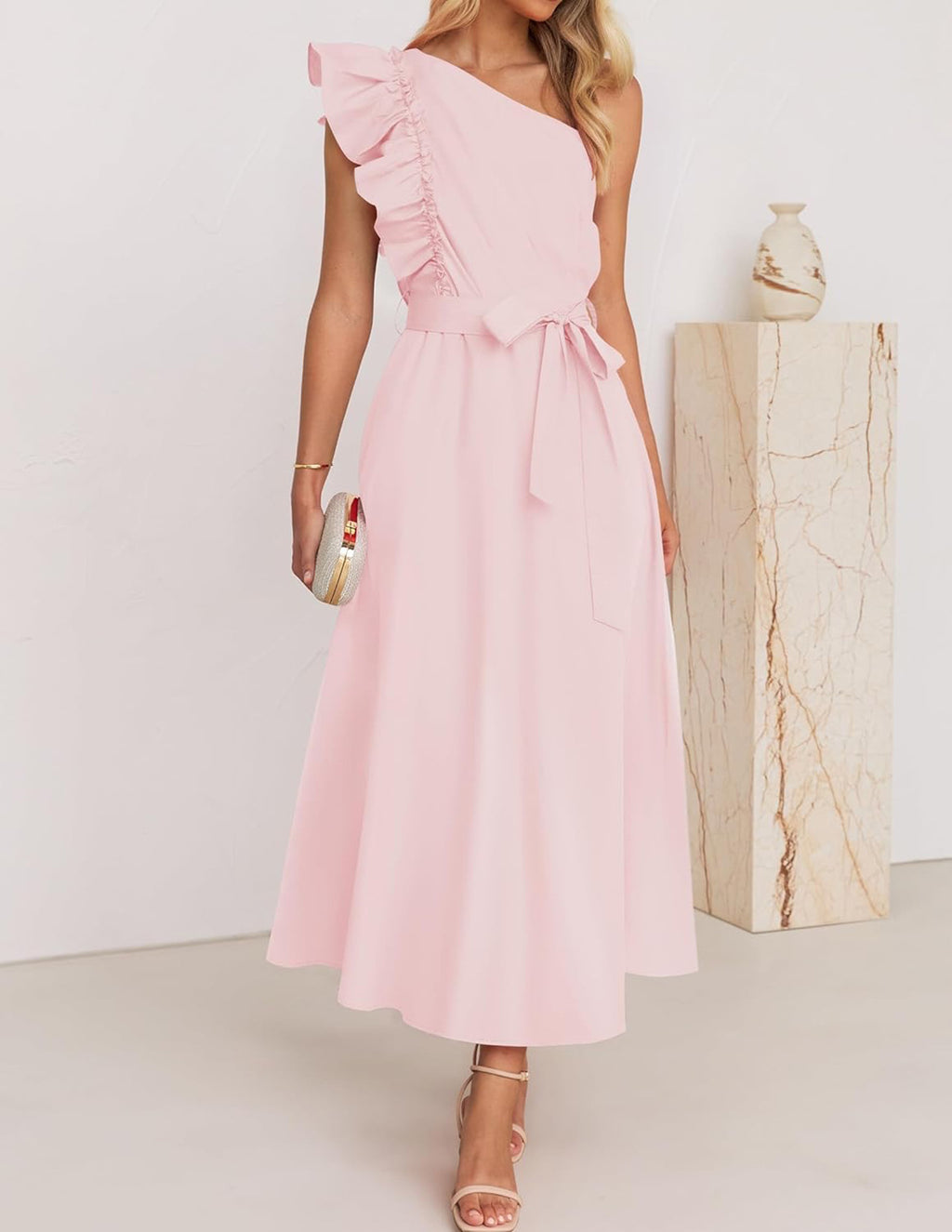 One Shoulder Ruffle Belted Midi Dress - Pink