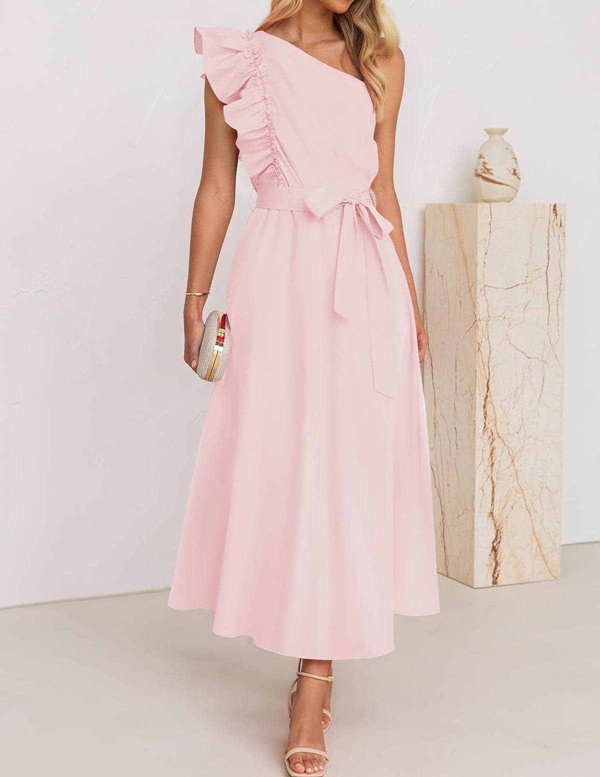 One Shoulder Ruffle Belted Midi Dress - Pink
