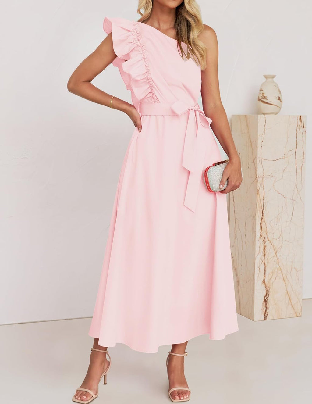 One Shoulder Ruffle Belted Midi Dress - Pink - 1