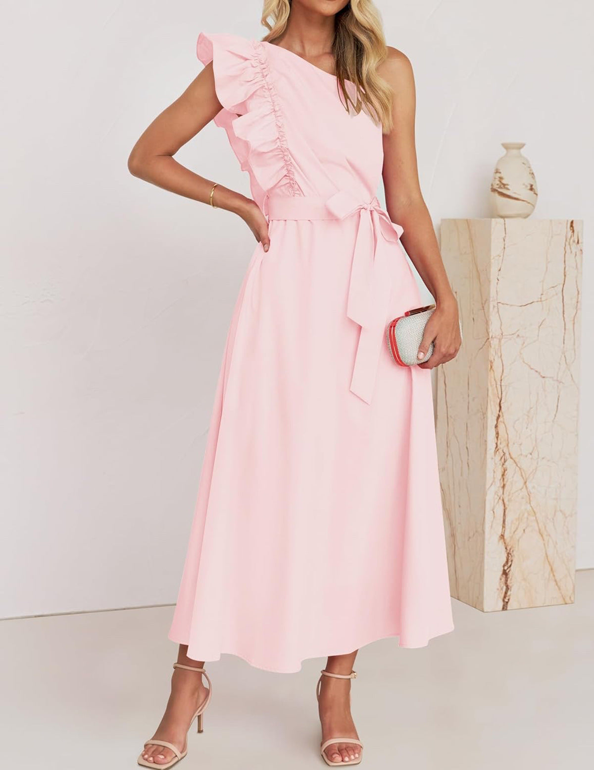 One Shoulder Ruffle Belted Midi Dress - Pink - 1