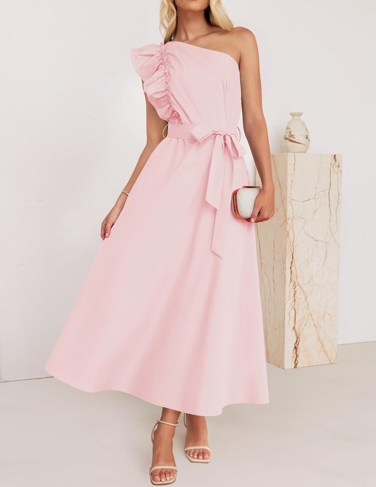 One Shoulder Ruffle Belted Midi Dress - Pink - 2