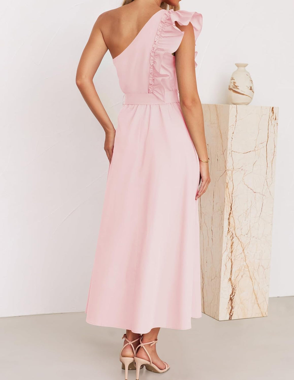 One Shoulder Ruffle Belted Midi Dress - Pink - 3