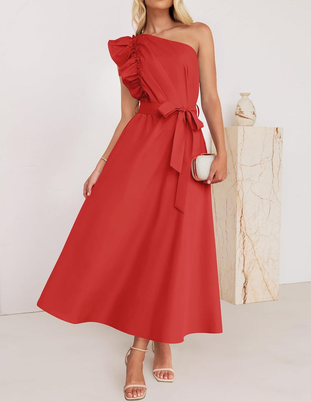 One Shoulder Ruffle Belted Midi Dress - Red