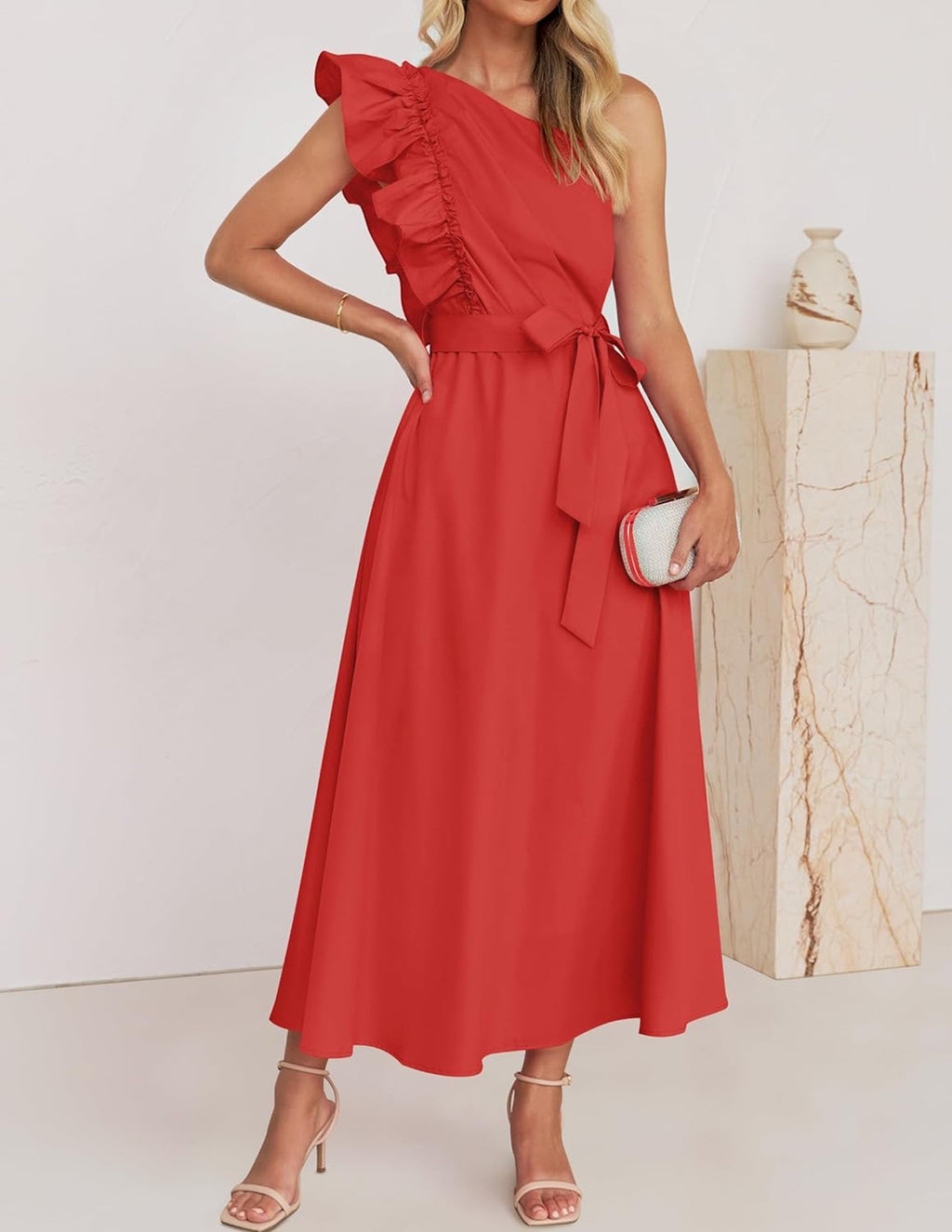 One Shoulder Ruffle Belted Midi Dress - Red - 1