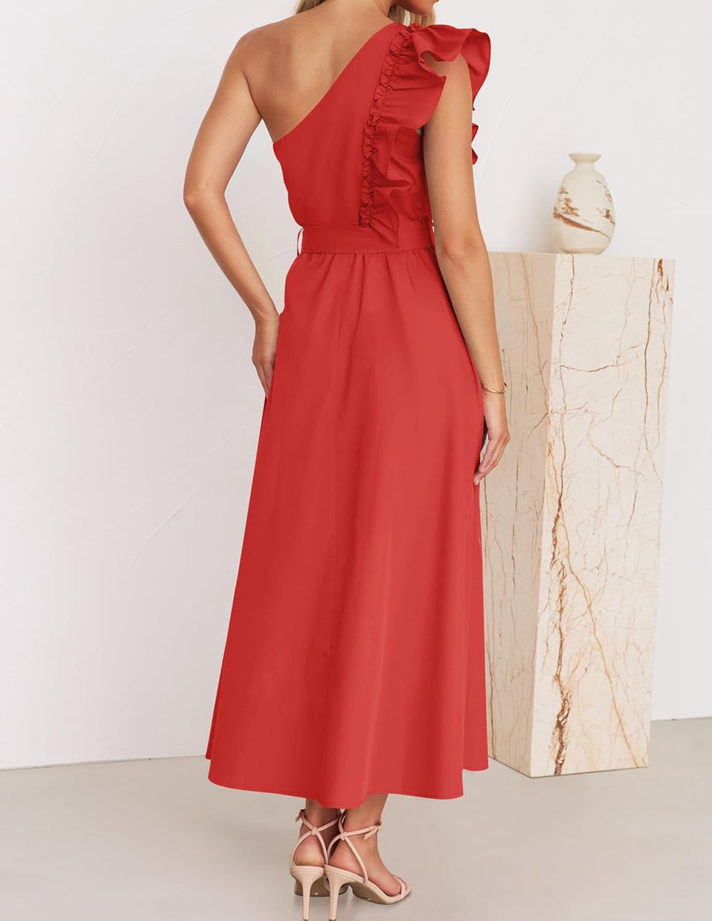 One Shoulder Ruffle Belted Midi Dress - Red - 2