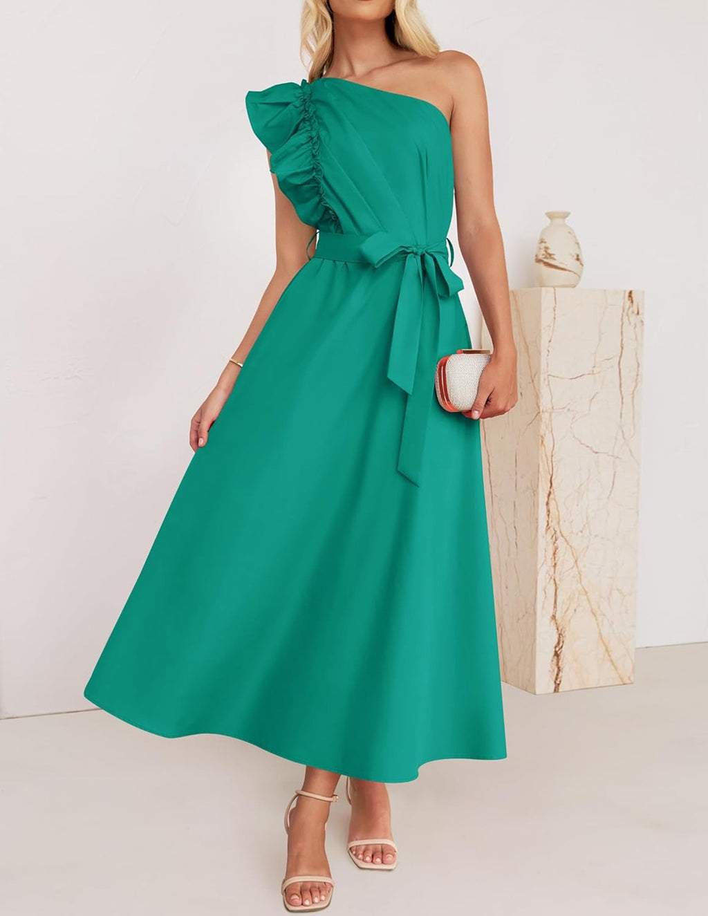 One Shoulder Ruffle Belted Midi Dress
