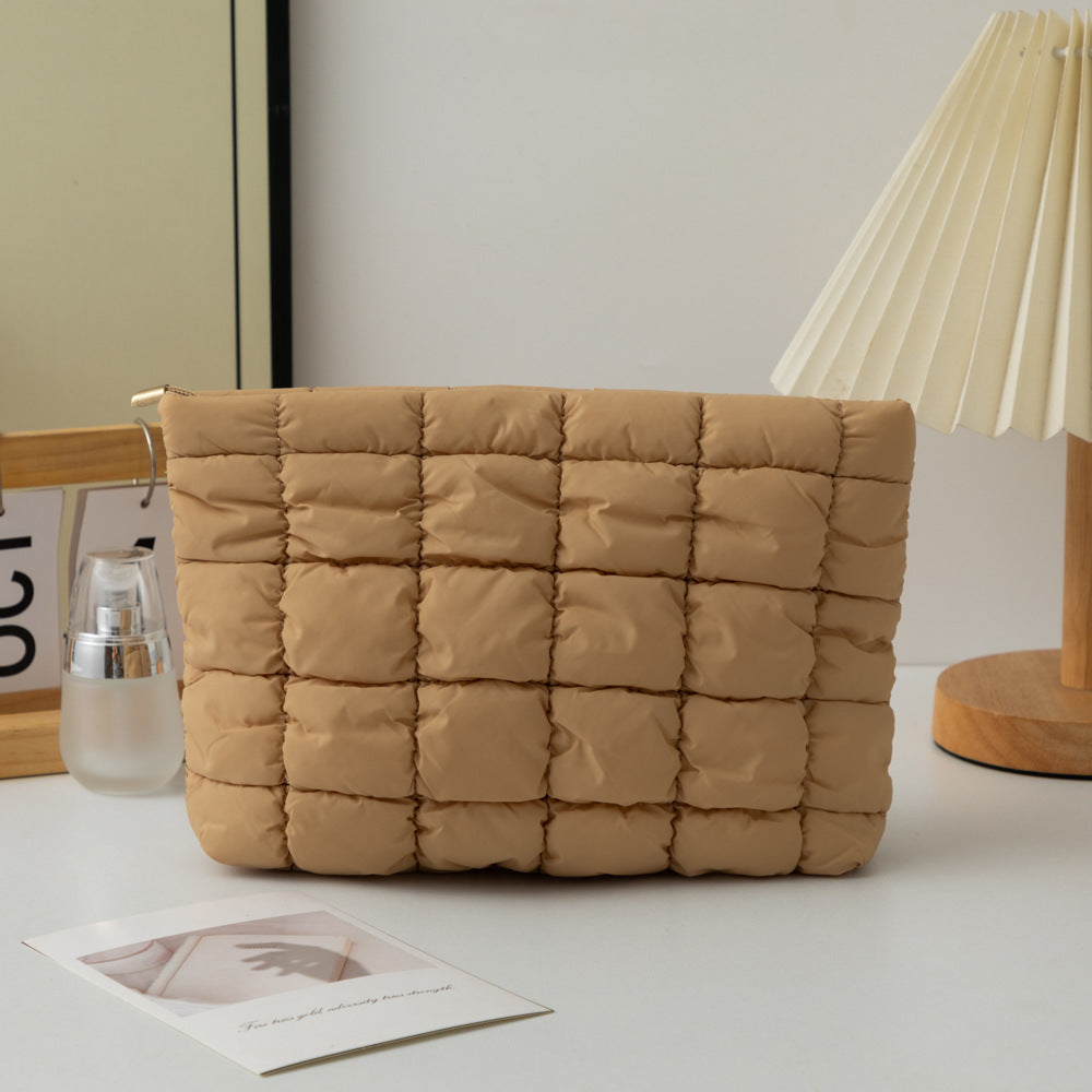 Puffy Quilted Cosmetic Pouch With Zip Top - Brown