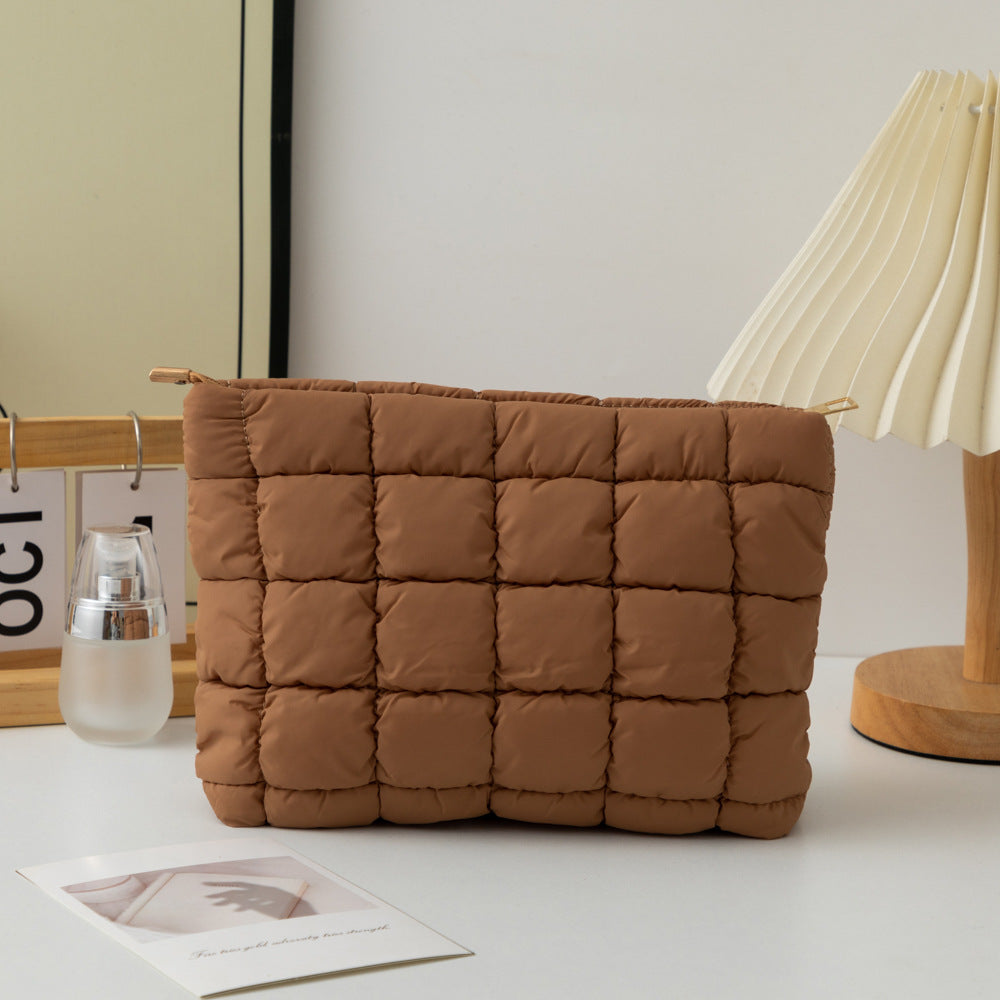 Puffy Quilted Cosmetic Pouch With Zip Top - DarkBrown