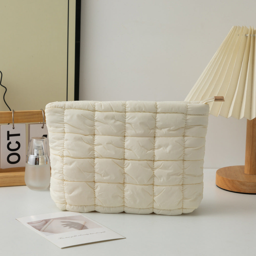 Puffy Quilted Cosmetic Pouch With Zip Top - White