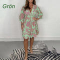 Abstract Print Balloon Sleeve Ruffle Dress - Green