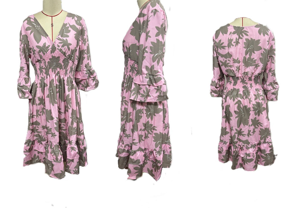 Abstract Print Balloon Sleeve Ruffle Dress - Pink
