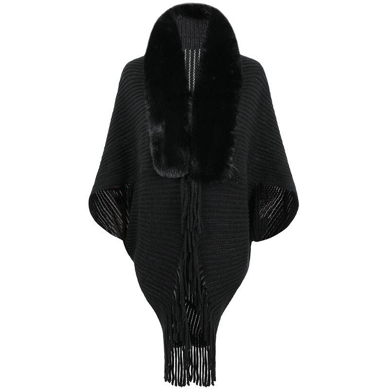 Fringed Knit Cape With Plush Collar - Black
