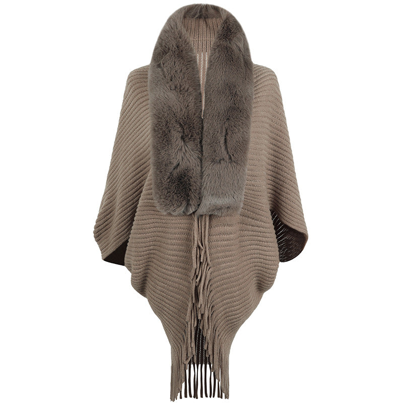 Fringed Knit Cape With Plush Collar - Coffee
