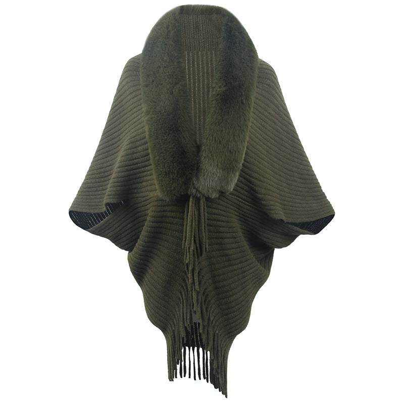 Fringed Knit Cape With Plush Collar - Green