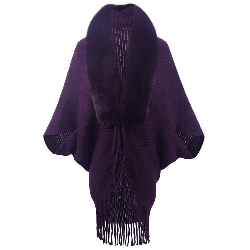 Fringed Knit Cape With Plush Collar - Purple