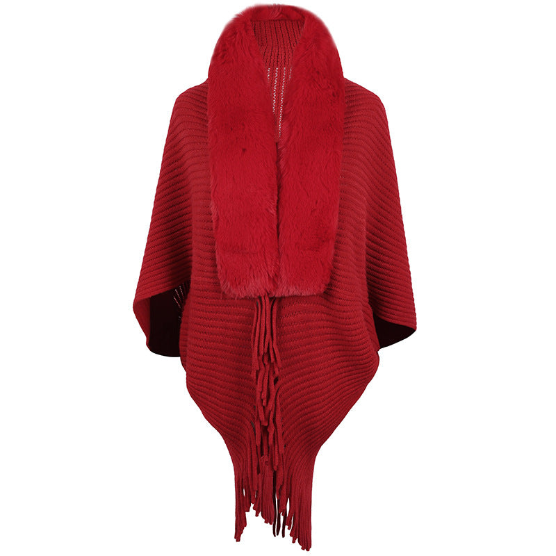 Fringed Knit Cape With Plush Collar - Red