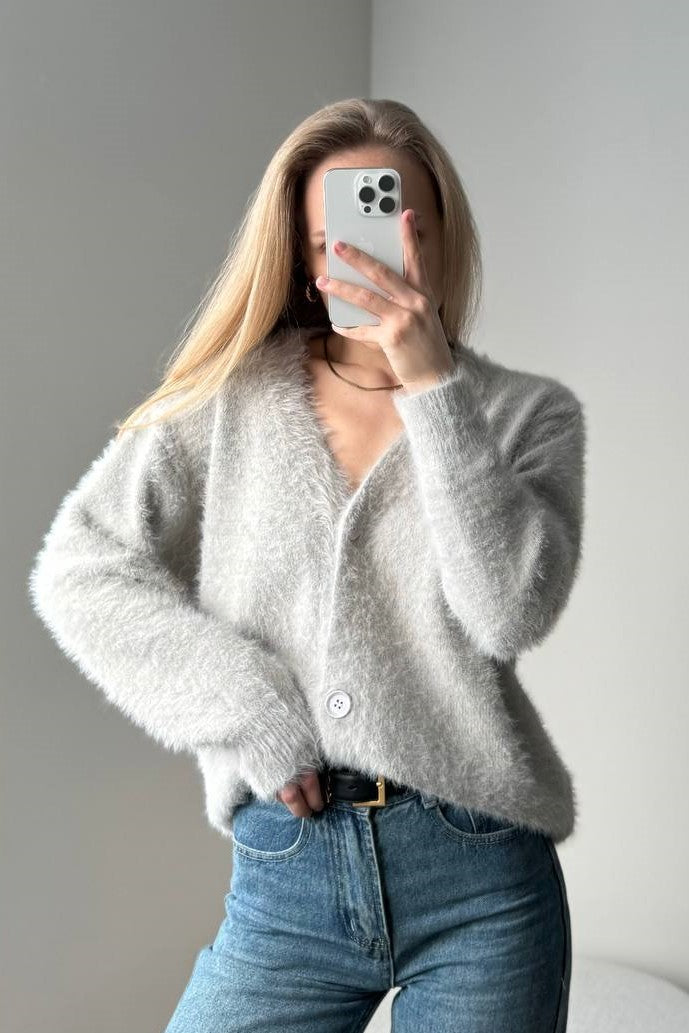 Brushed Mohair Look V Neck Cardigan - Ash