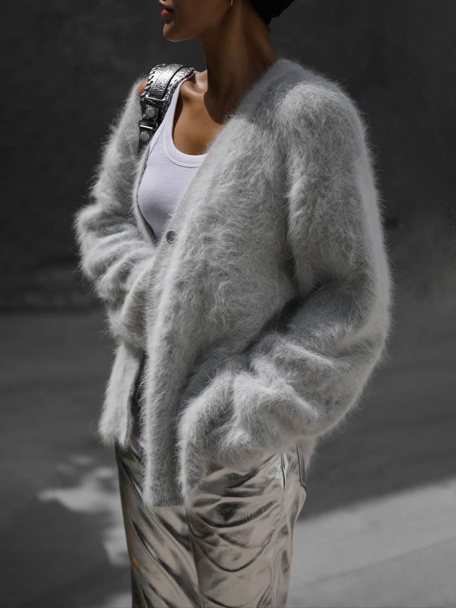 Brushed Mohair Look V Neck Cardigan - Ash - 2