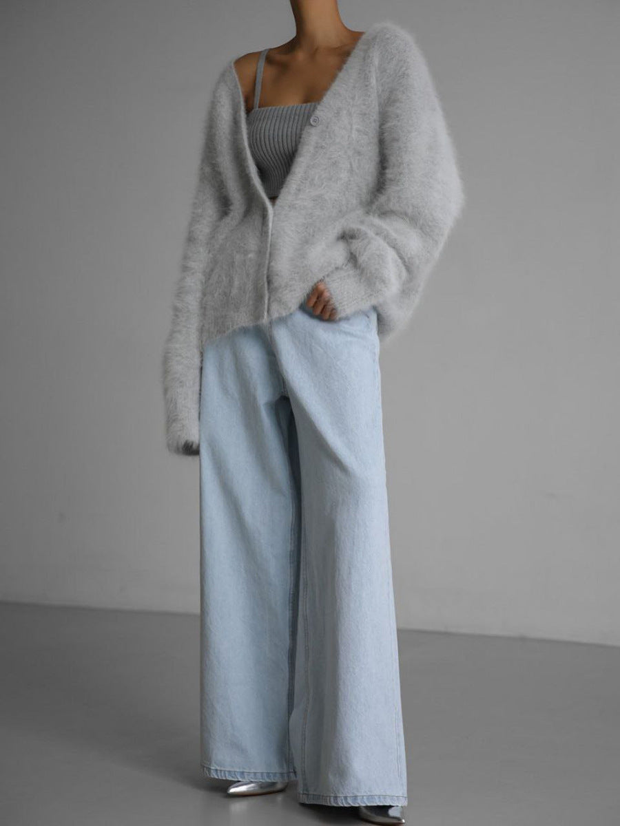 Brushed Mohair Look V Neck Cardigan - Ash - 3