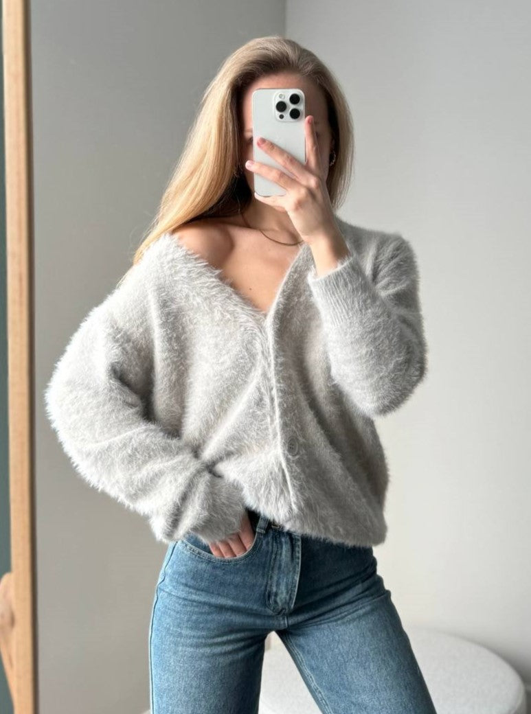 Brushed Mohair Look V Neck Cardigan - Ash - 8
