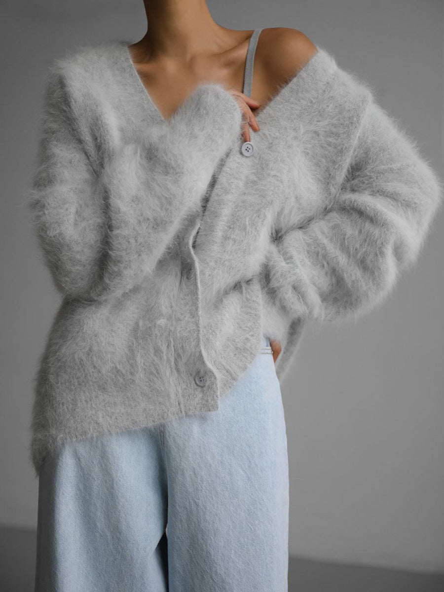 Brushed Mohair Look V Neck Cardigan - Ash - 9