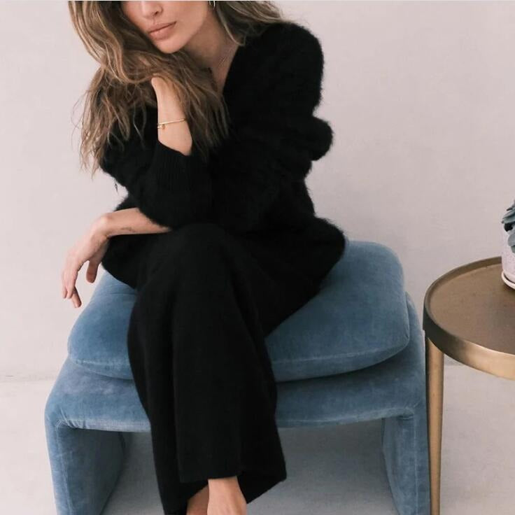 Brushed Mohair Look V Neck Cardigan - Black