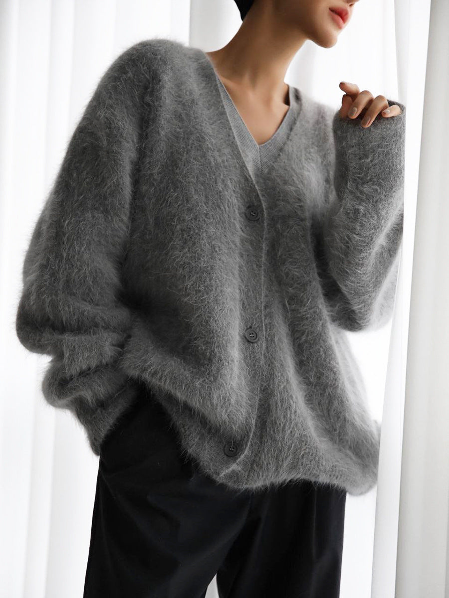 Brushed Mohair Look V Neck Cardigan - Grey - 2