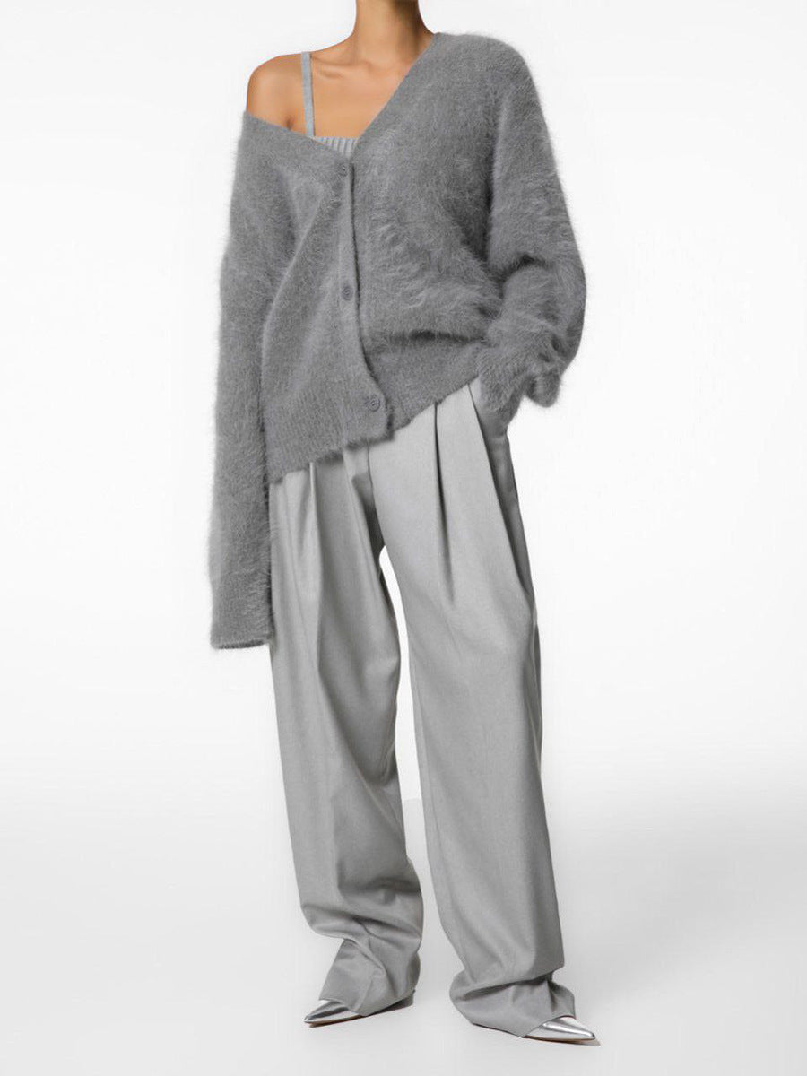 Brushed Mohair Look V Neck Cardigan - Grey - 4