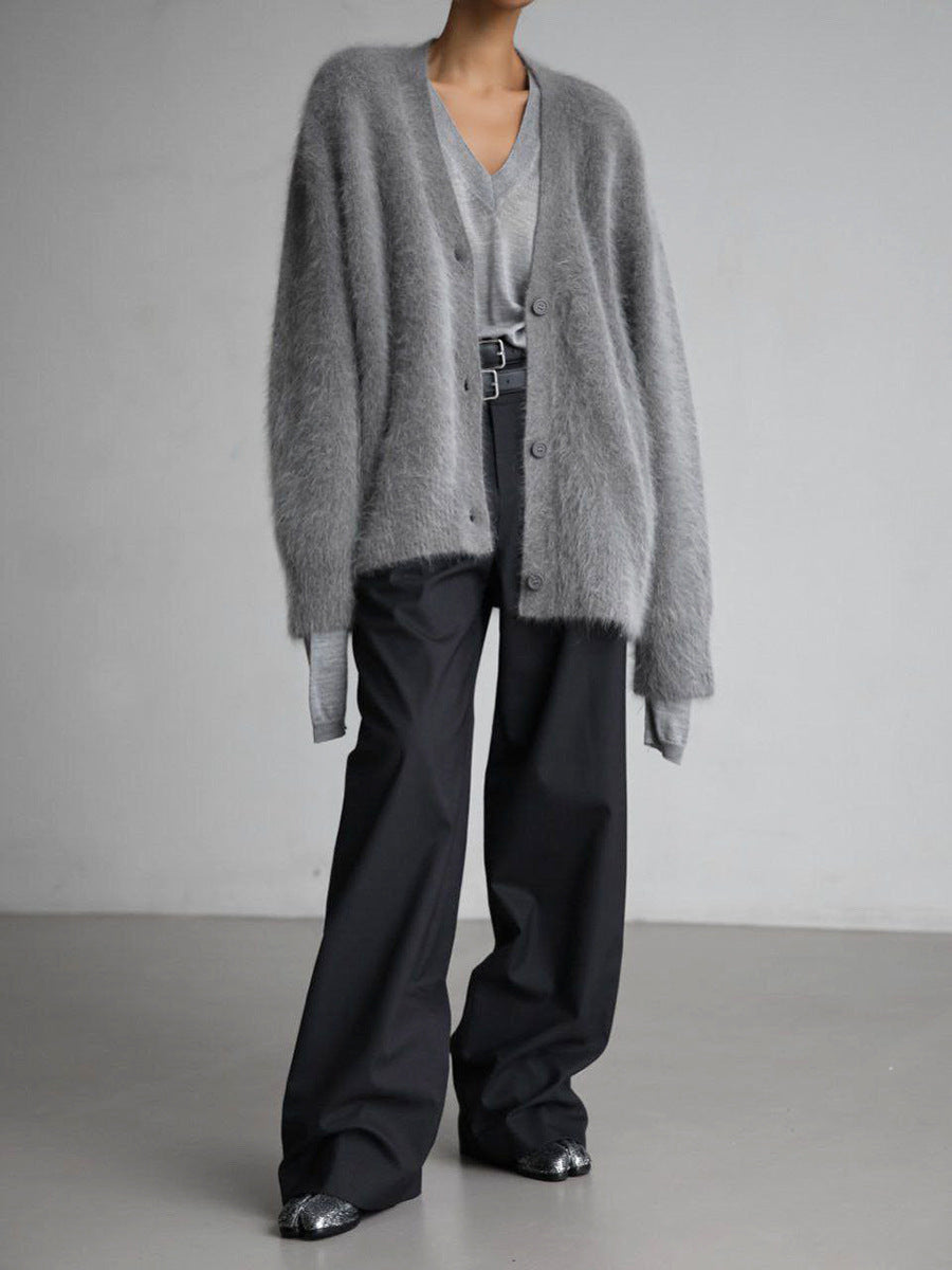 Brushed Mohair Look V Neck Cardigan - Grey - 5