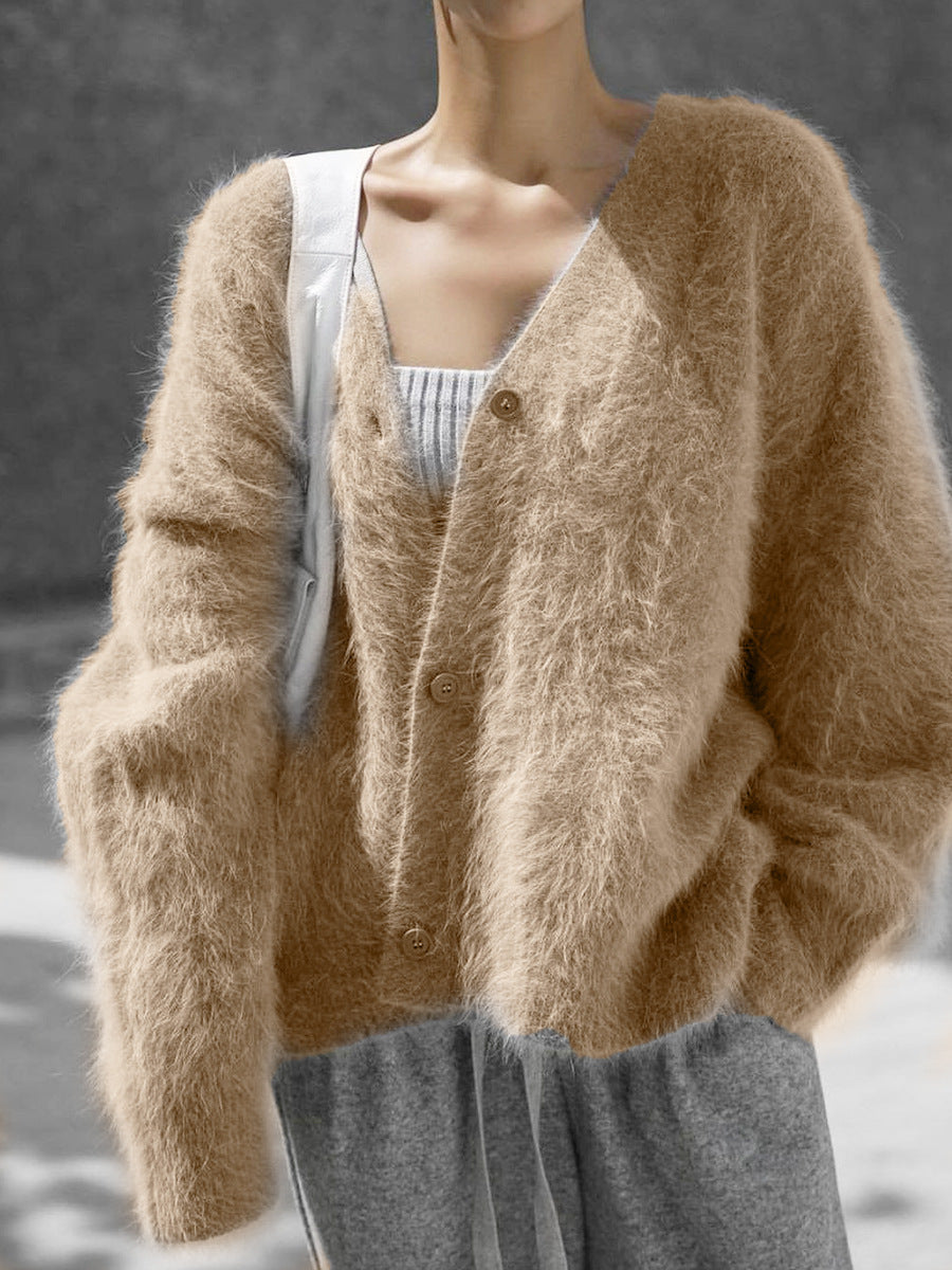 Brushed Mohair Look V Neck Cardigan - Latte