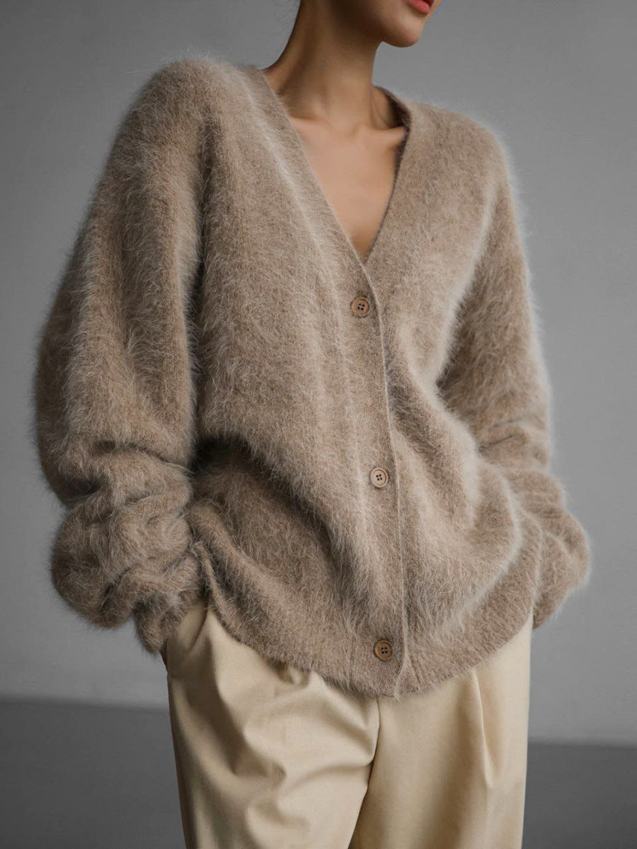 Brushed Mohair Look V Neck Cardigan - Sepia - 1